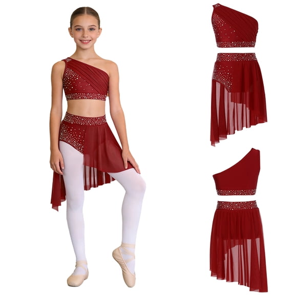 Aislor Girls Lyrical Dancewear Shiny Rhinestones Crop Top with Skirted Leotard 2-Piece Ballet Dance Outfits Burgundy 6