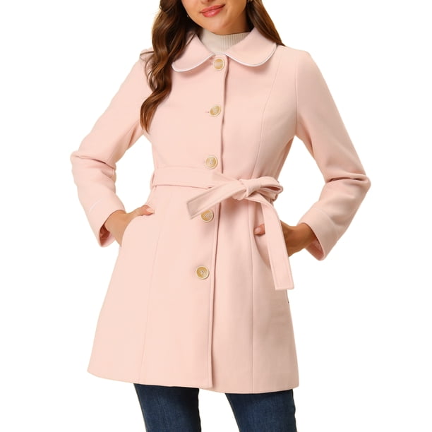 Abrigo largo elegante de invierno para mujer con cuello de solapa en rosa XL