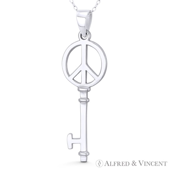 Peace Sign Skeleton "Key to Heart" Charm 51x16mm (2x0.6in) Pendant & Chain Necklace in .925 Sterling Silver
