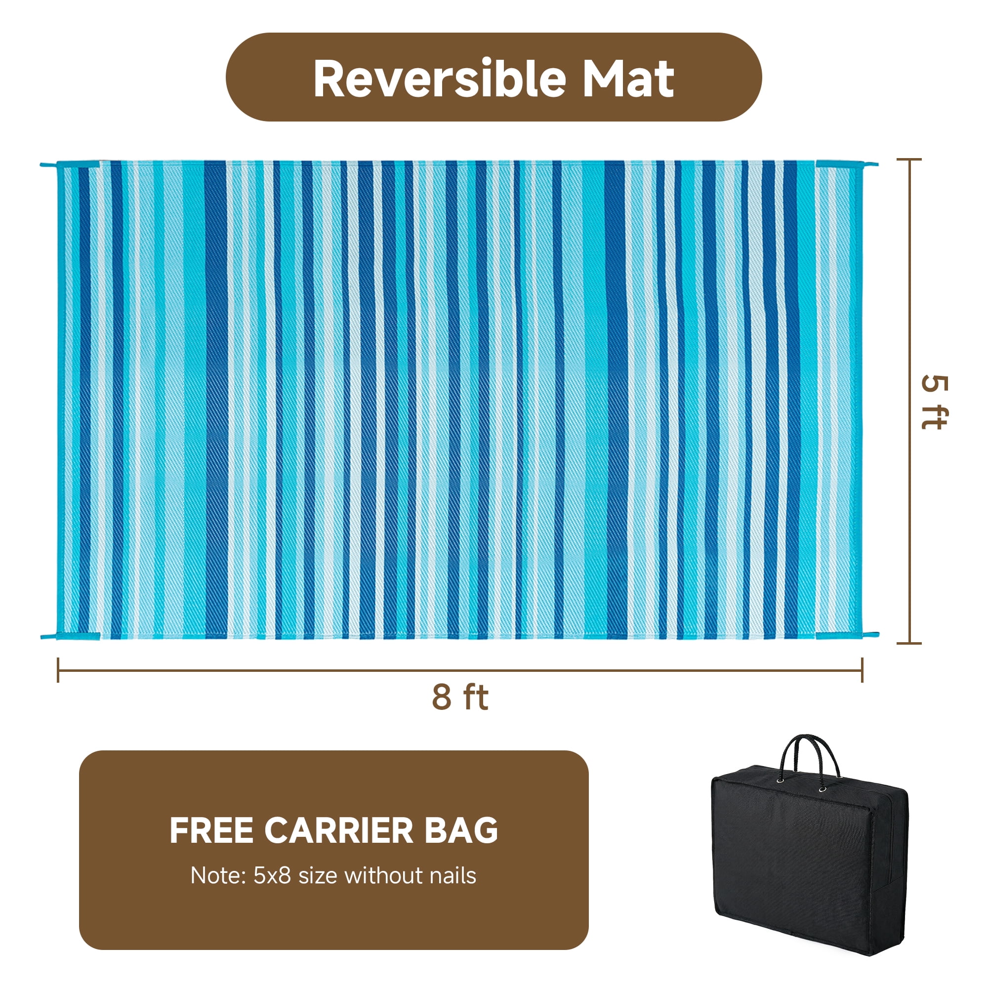 BERTHMEER 5'x8' Striped Outdoor Plastic Straw Rugs on Clearance Waterproof Patio Camping Porch RV Deck Pool Rugs, Blue