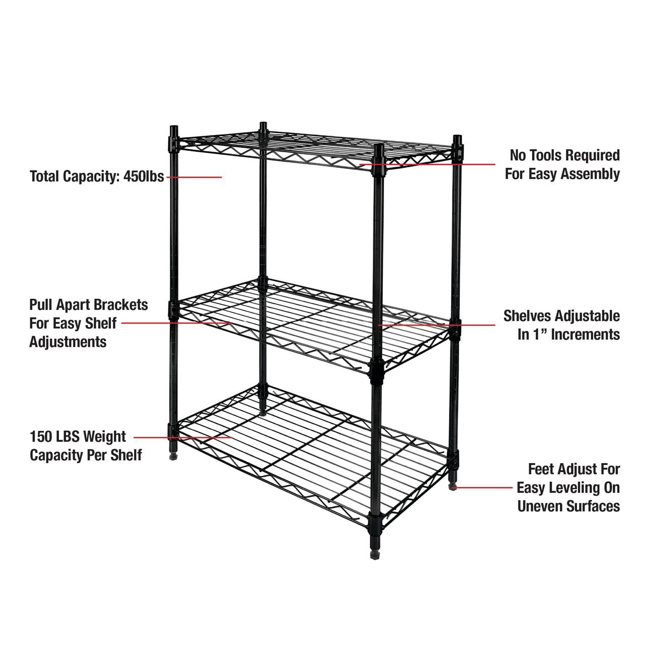 Rubbermaid 3-Tier Heavy Duty Black Wire Shelving Unit, 450lb Capacity