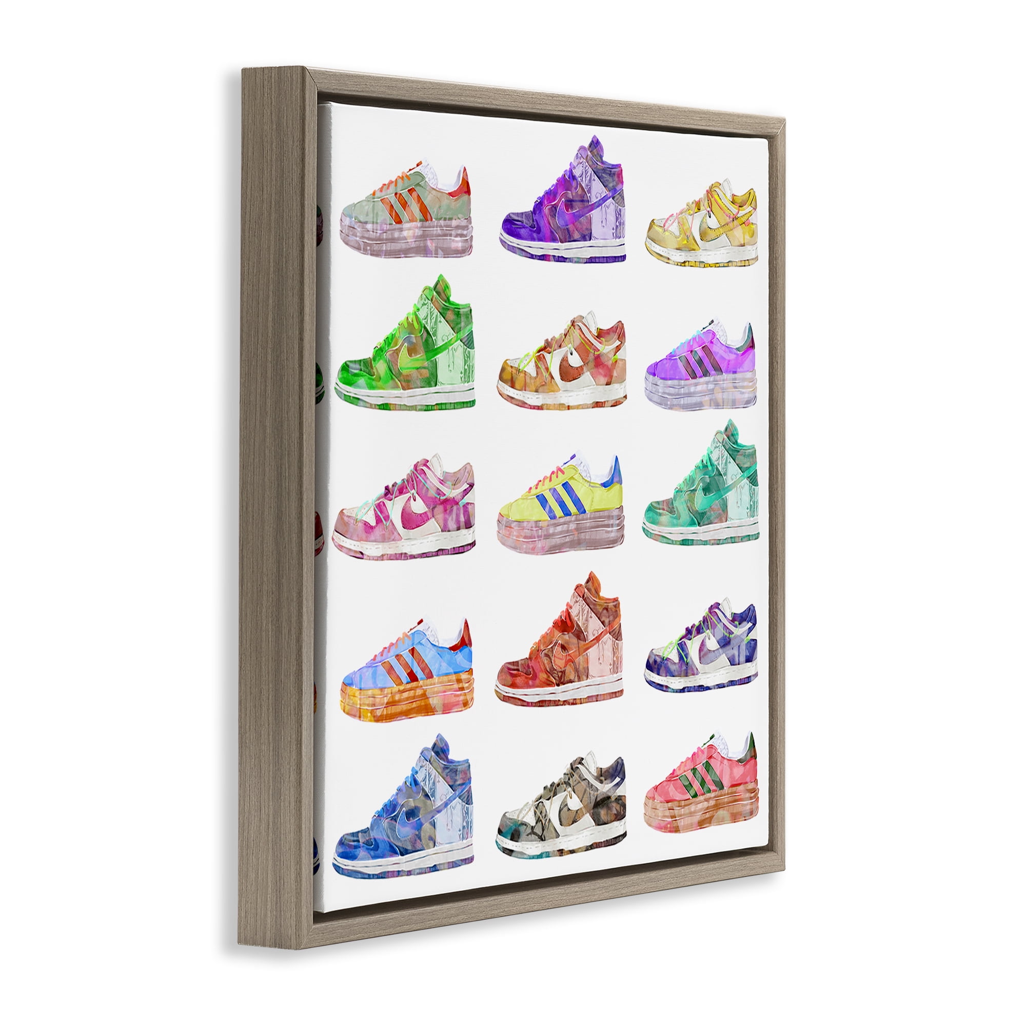 Stupell Industries Modern Sneakers Array Fashion Painting Brown Floater Framed Canvas Art Print Wall Art, 18 x 18