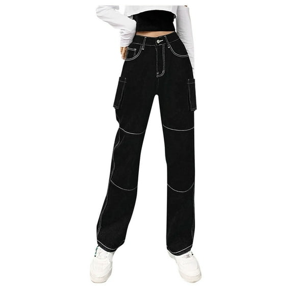 JIKNTTR Women's Stretchy Jeans Stylish Stitching High Waist Loose Straight Trousers Casual Jeans Summer Denim Pants