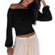 thumbnail image 4 of TaTaai Women's Solid Color Off Shoulder Long Sleeve Top Ladies Pleated High Waist Slim Fit Shirt Fashion Casual for Daily Party Work Travel Streetwear All Season Wear Gift, 4 of 7