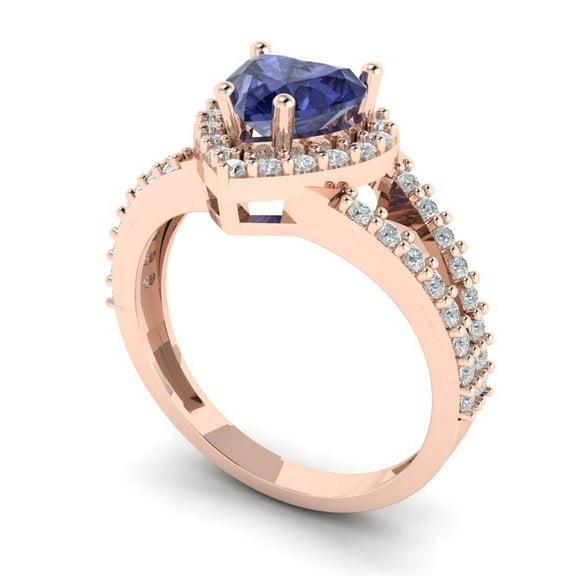 1.49 ct Heart Cut Simulated Tanzanite Halo Engagement Ring for Women in 14K Rose Gold