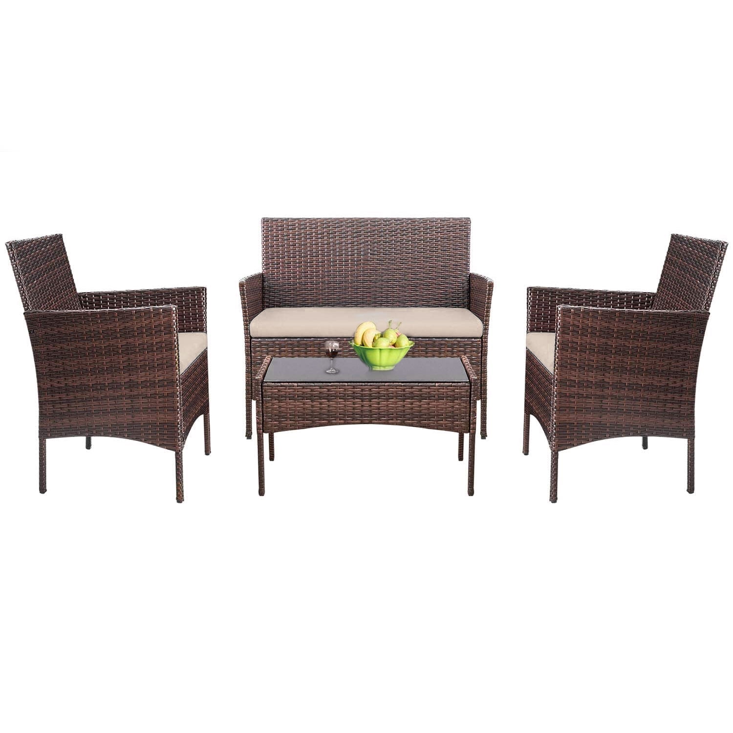 4 PCS Outdoor Patio PE Rattan Wicker Table Set Sofa Furniture with Cushion Black 