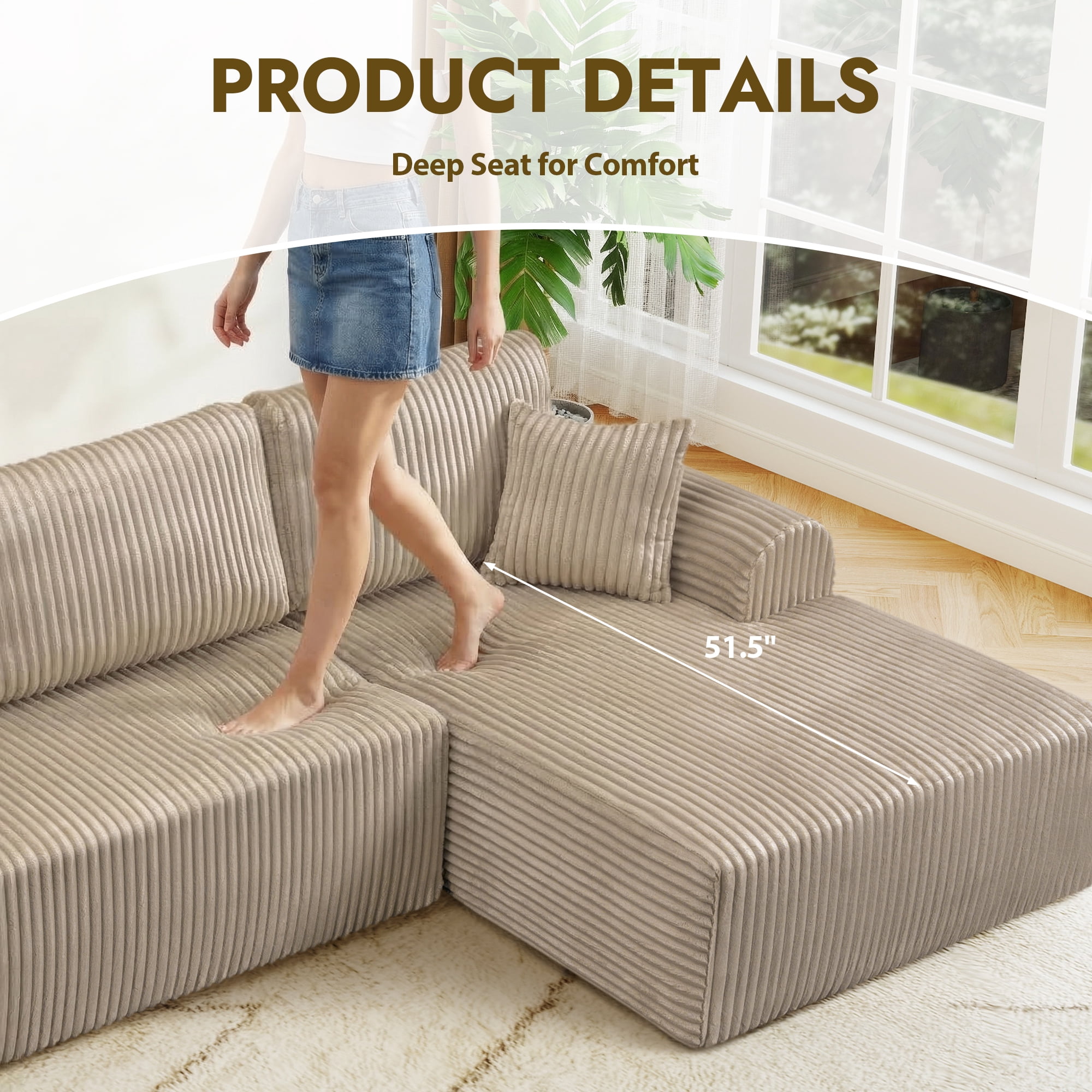 Aukfa 109" Modular Cloud Sectional Sofa with L-Shape Chaise, Corduroy Upholstered Deep Seat Couch, Right Facing Chaise, No Assembly Boneless Sofa for Living Room/Bedroom/Apartment, Camel