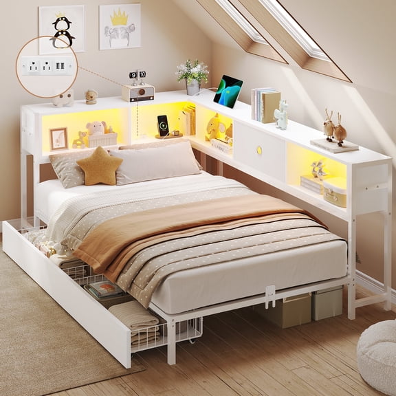 Twin Daybed with Storage Bookcase and Shelves,Twin Corner Bed Frame with 2 Storage Drawers, Metal Platform Bed with Charging Station and LED Lights, Corner Bed Frames for Bedroom,Living Room, White