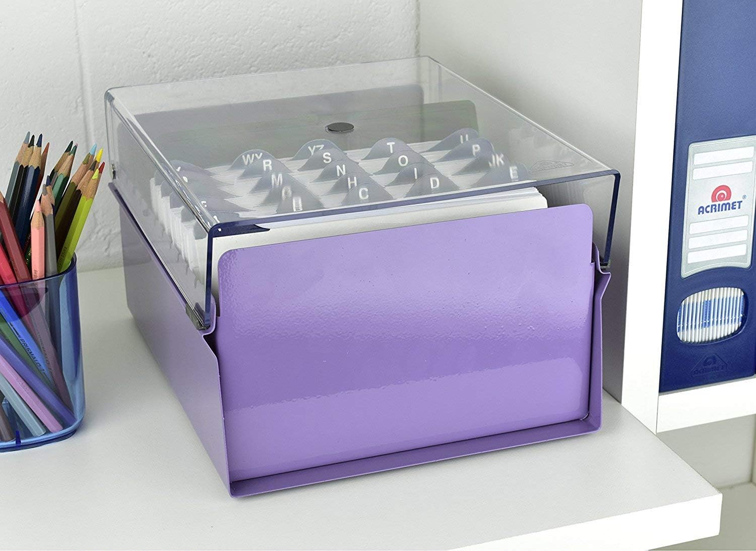 Acrimet 5 X 8 Card File Holder Organizer Box Metal Base Heavy Duty (AZ Index Cards and Divider Included) (Purple Color with Clear Crystal Plastic Lid Cover)