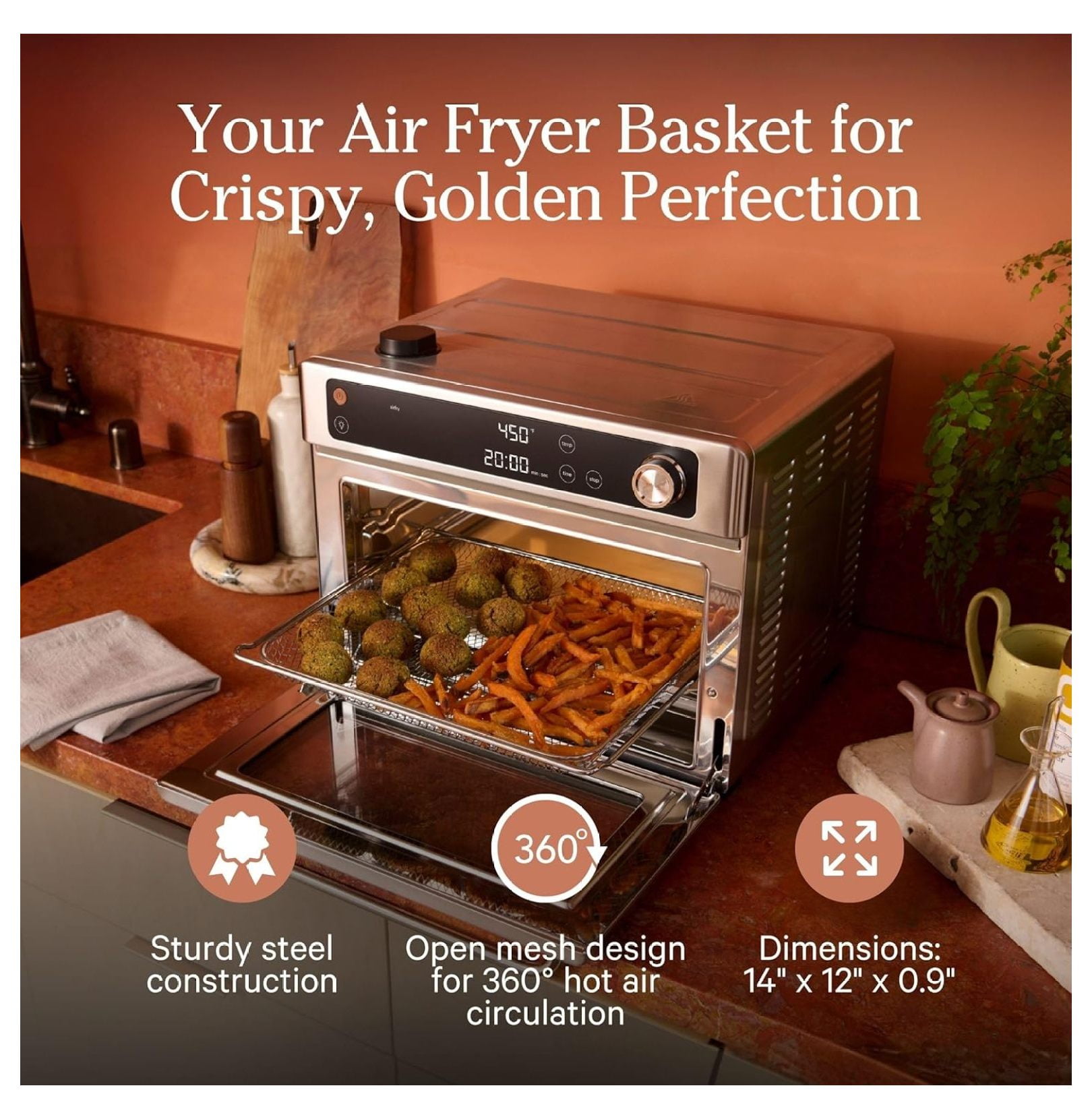 Wonder Oven Pro Kit with Large Aluminum Bake Pan and Steel Air Fryer Basket | Non-Toxic, Non-stick, Easy-to-Clean Baking & Frying Accessories, Oven-Safe up to 450°F | Blue Salt