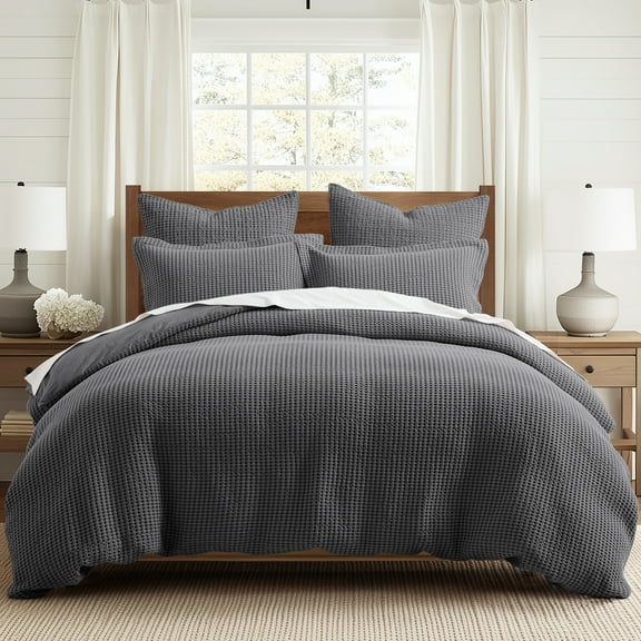 Levtex Home - Mills Waffle Charcoal Duvet Cover Set - Twin Duvet Cover Two Standard Pillow Cases - Charcoal Waffle Weave - Duvet Cover (68 x 88in.) and Pillow Case (26 x 20in.) - Cotton