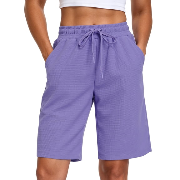 NELEUS Women's 9" Bermuda Shorts Waffle Knit High Waisted Breathable Lounge Casual Shorts with Pockets,Purple,US Size L