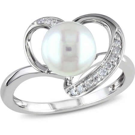 Miabella 8mm-8.5mm White Cultured Freshwater Pearl and Diamond-Accent 10kt White Gold Heart Ring