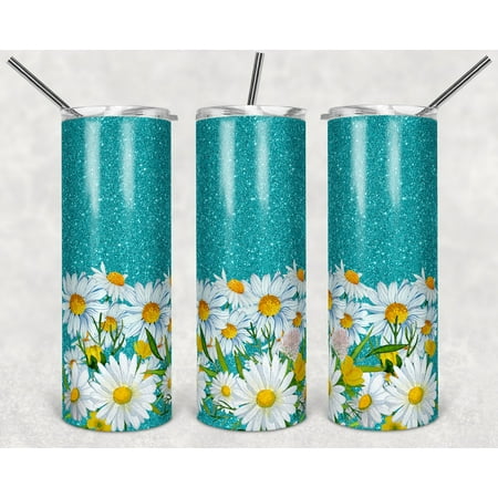 

20 Oz Skinny Metal Tumbler Teal Glitter Daisies w/Lid and Straw