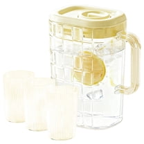 4 Pcs Plastic Pitcher with 3 Glasses, Fridge Jug with Lid, Lightweight Water Pitcher with Grid Pattern, Wide Mouth Pitcher for Homemade Juice, Beverages