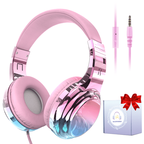 QearFun Casque pour les Filles Enfants pour l'École, les Enfants Casque Filaire avec Microphone et Prise Jack 3,5 Mm, Casque Antibruit Adolescence avec Bandeau Réglable pour Tablette / Smartphones Cadeau de Noël pour les Enfants