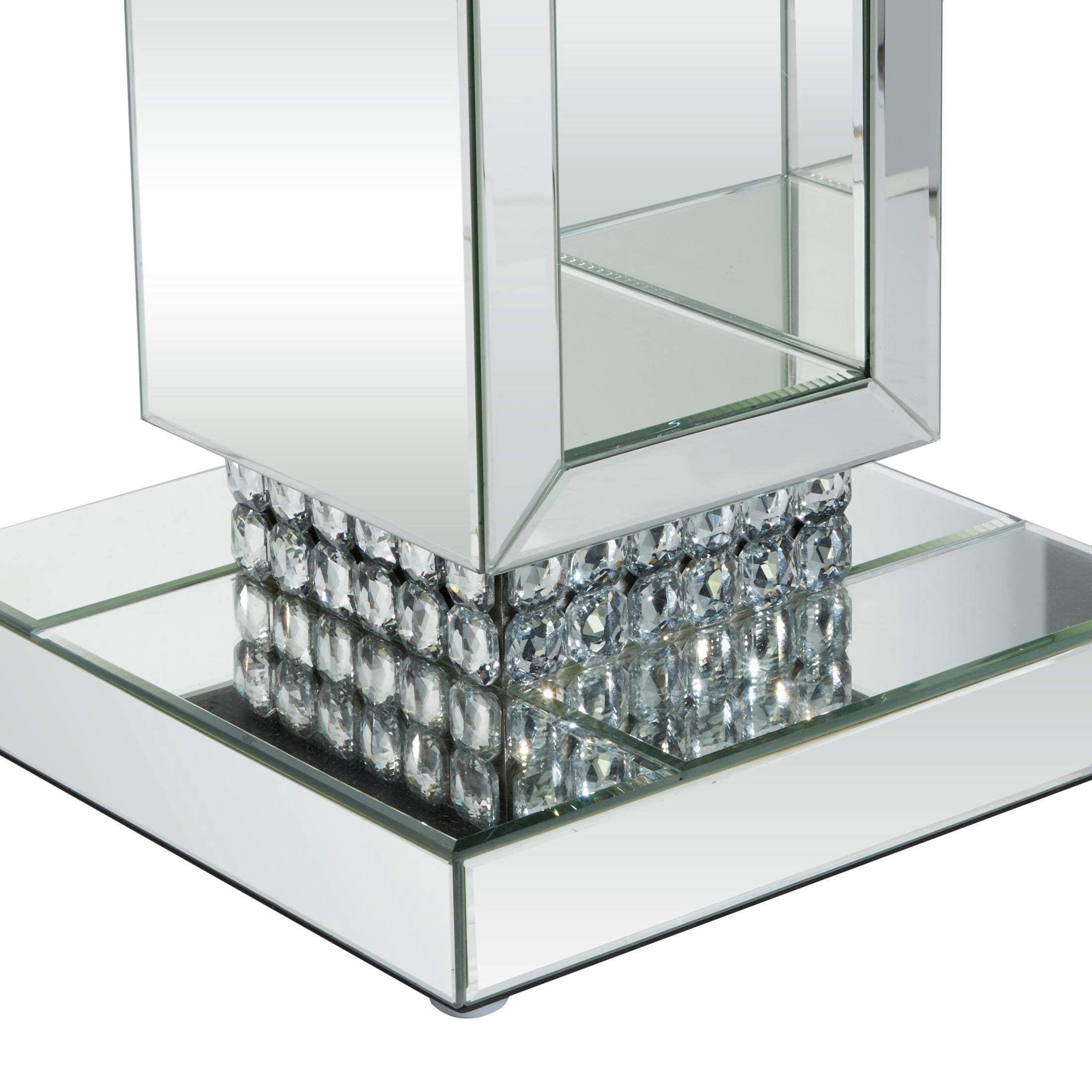 DecMode 12" x 28" Silver Glass Cutout Mirrored Pedestal Table with Beaded Crystal Accents, 1-Piece