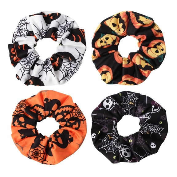 4pcs Halloween Hair Ties, Elastics Hair Scrunchies, Pumpkin Ghost Skeleton Spider Web Bats Hair Accessories for Women Girls Ponytail Holder Hair Band Ropes