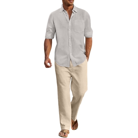 CONZONE Mens 2 Peice Cotton Linen Set Summer Outfits for Men Solid Color Long Sleeve Buttons Shirts Pants Cozy Lightweight Beach Jogging Tracksuit