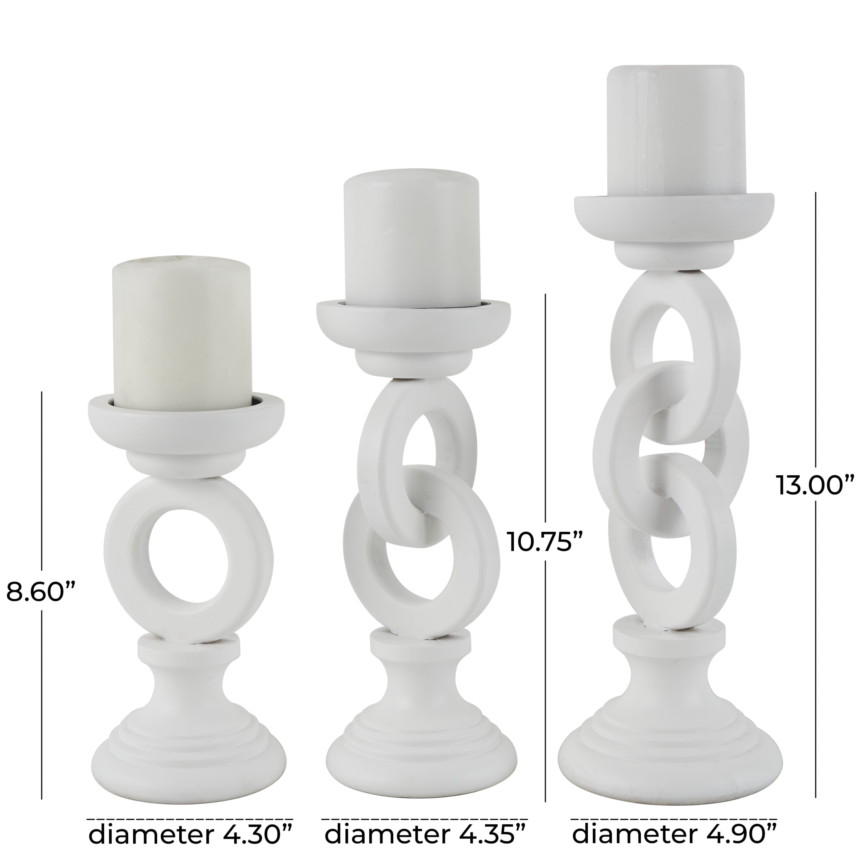 DecMode 3 Candle White Wooden Chain Link Candle Holder, Set of 3