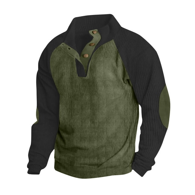 Besolor Mens Corduroy Sweatshirts Color Block Lapel Collar Button up Pullover Mock Neck Long Sleeve Sweaters Tops