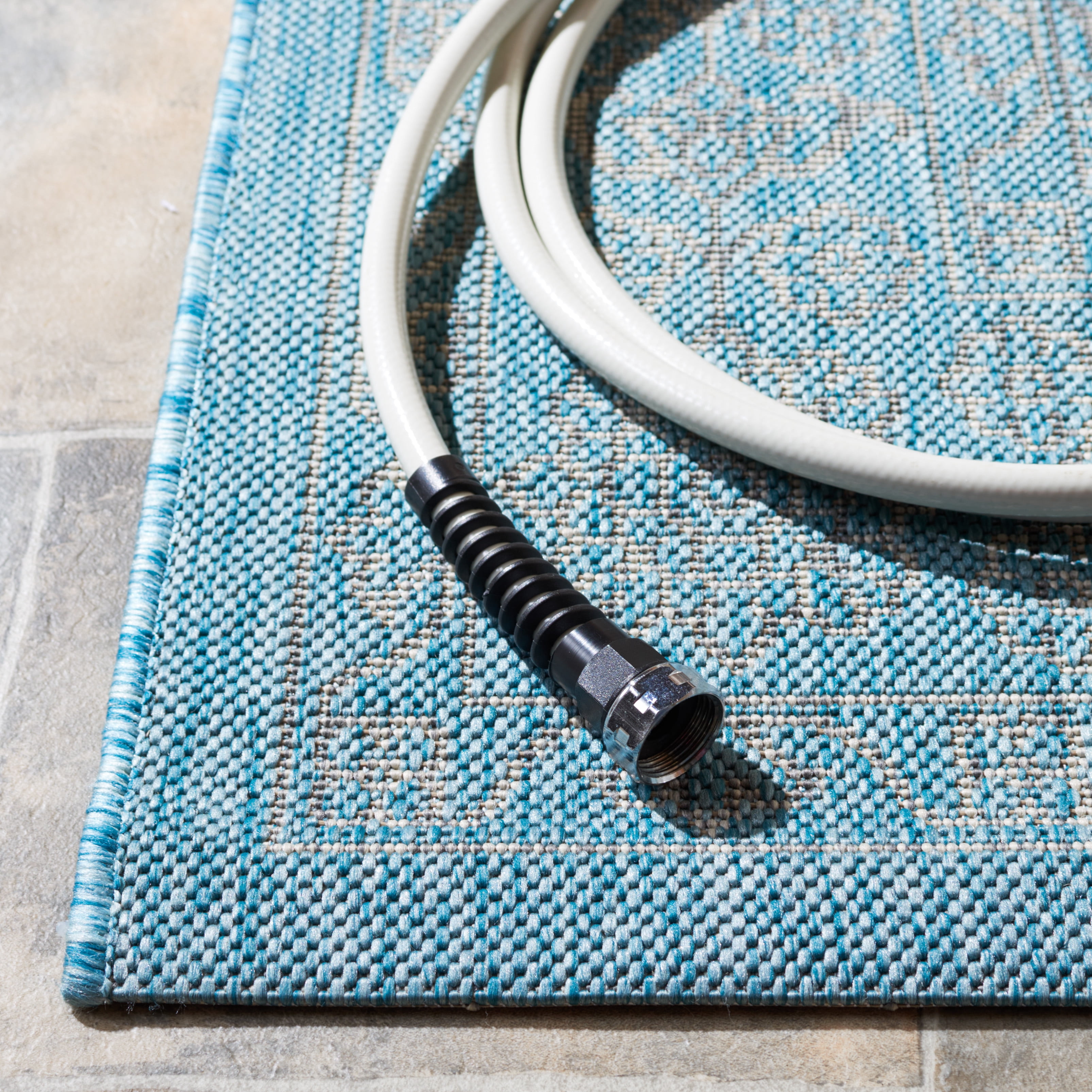 SAFAVIEH Courtyard Delbet Distressed Medallion Indoor/Outdoor Area Rug, 6'7" x 6'7" Square, Aqua/Grey