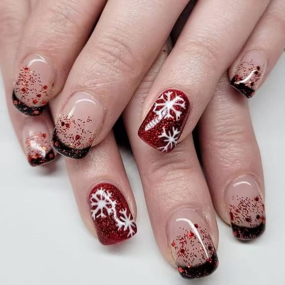 Uñas postizas adhesivas KSTBJN navideñas con copo de nieve, acrílicas cortas