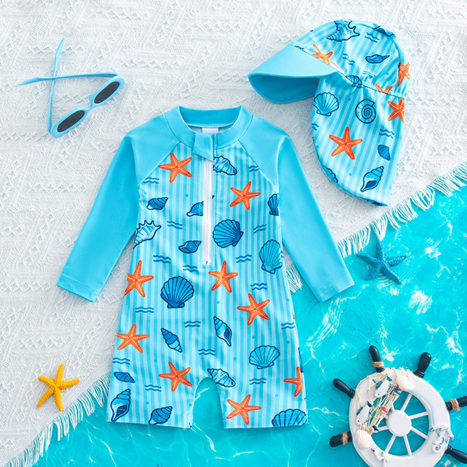 Boys Swimsuit Kids Shell Print Long Sleeve One Piece Swimsuit Hooded Quick Dry Stretch Comfort Boys Bathing Suit