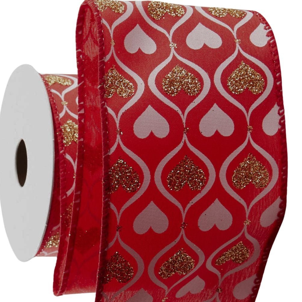 18yds Glittered Gold/Red/Pink Heart Wire-Edged Ribbon - for Valentine's Day - Factory Direct Craft