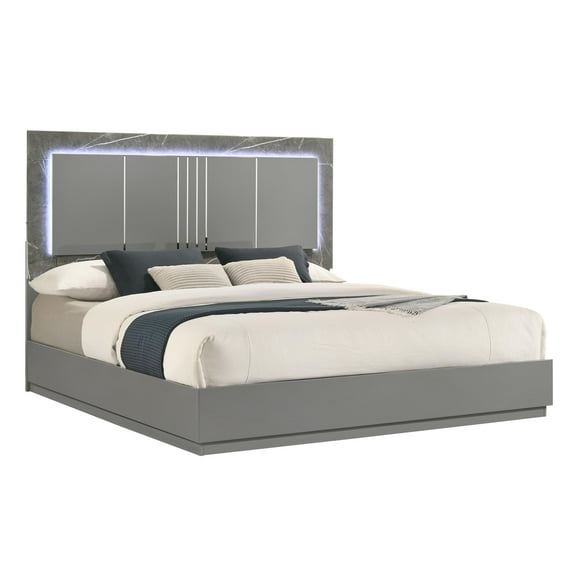 Elara King Bed - Manufactured Wood - Gray & LED Marble Accent Headboard