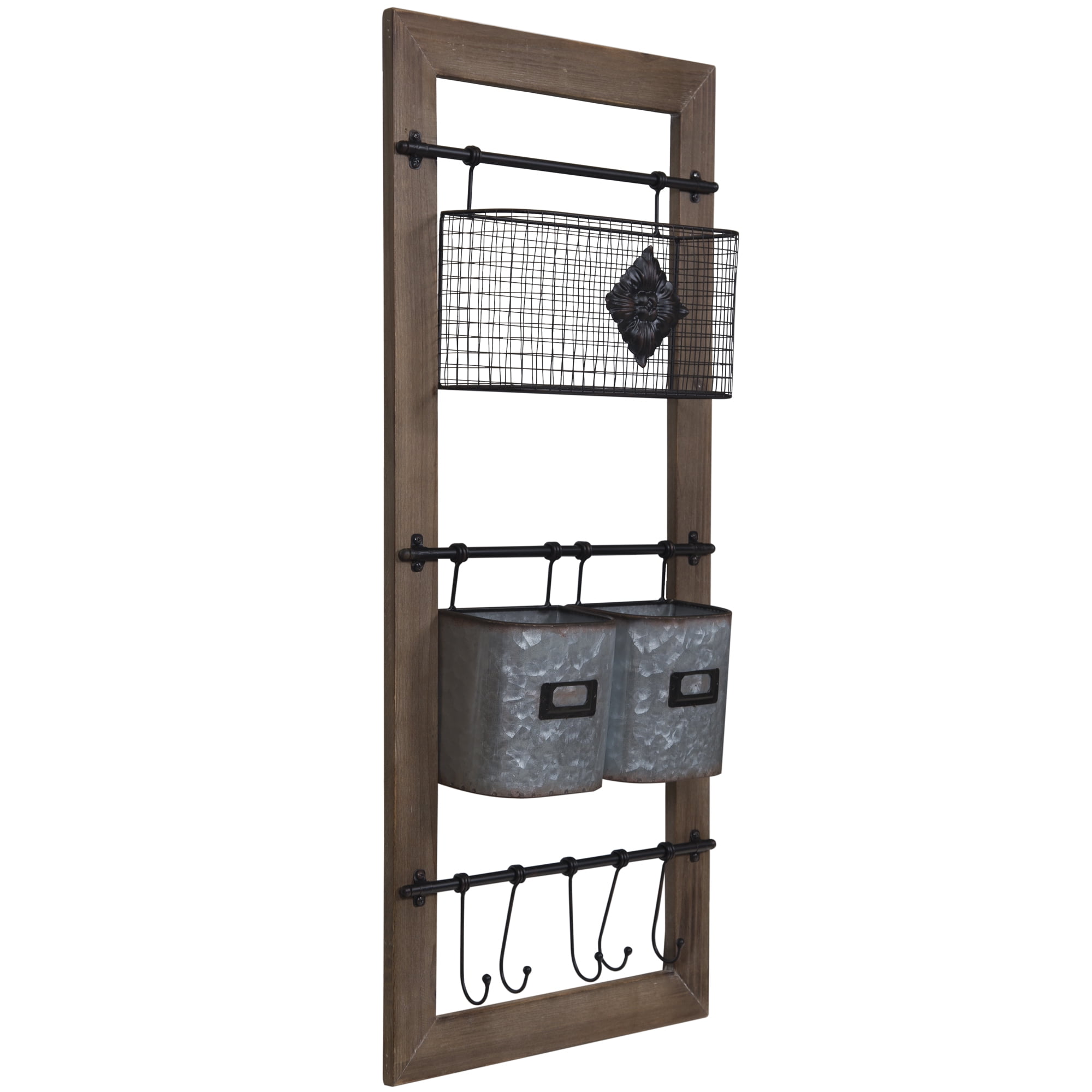 gallery solutions metal and wood wall organizer with baskets and hooks walmart com