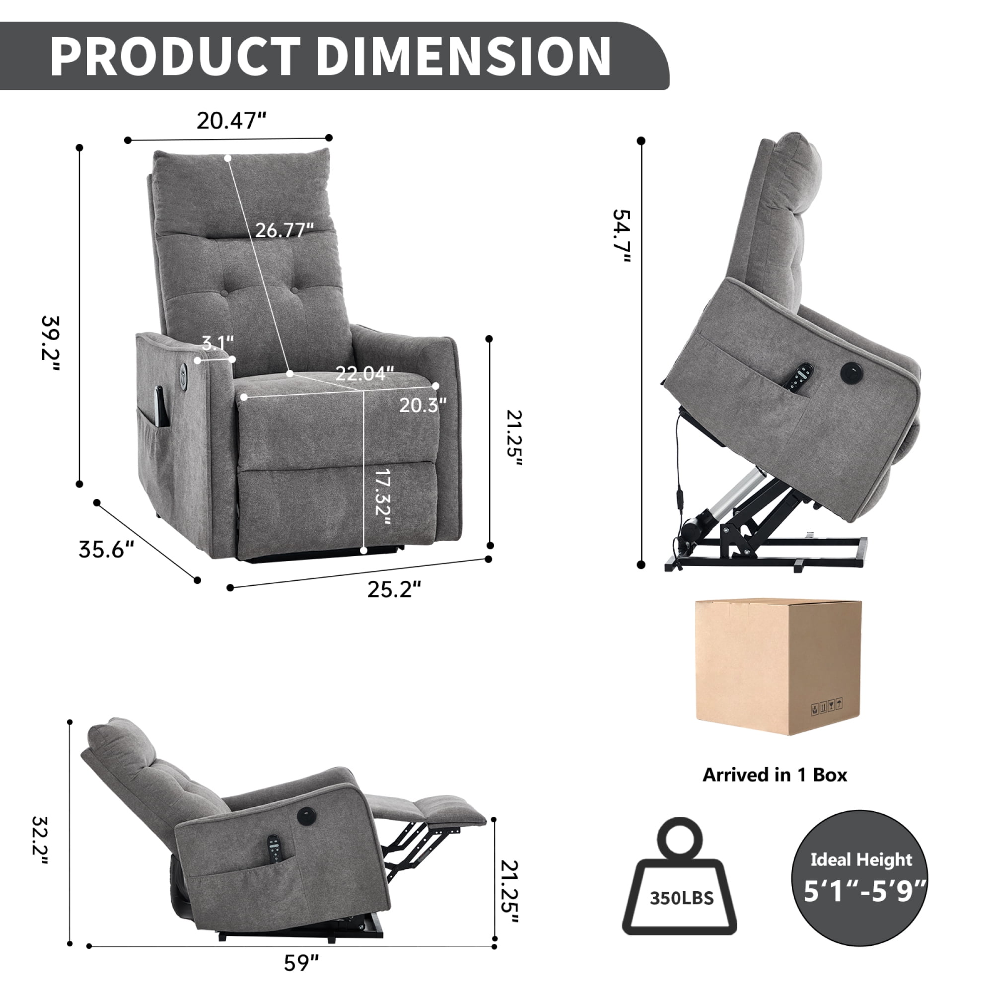 Leumius Power Lift Recliner Chair with Massage and Heat for Elderly,Heavy Duty Electric Reclining Chair with Side Pockets,USB Charge Port for Living Room,Light Gray+Chenille