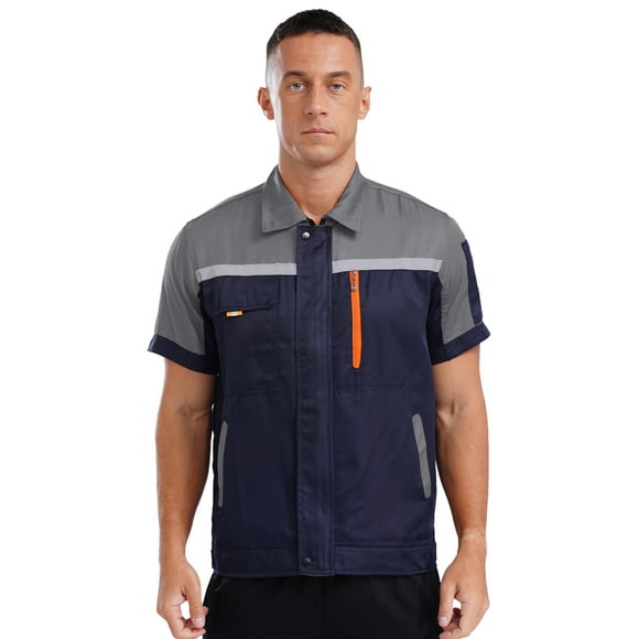 Manyakai Chemise de Travail pour Homme Mécanicien Automobile Uniforme Respirant à Manches Courtes Uniforme Industriel Gris&Bleu Marine 180/TTG