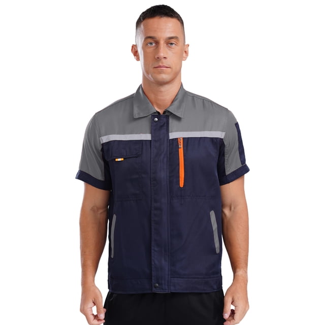 Sxiwei Men's Work Coat Jacket Reflective Multiple Pockets Workwear Workshop for Machine Workers Gray&Navy Blue 170/L