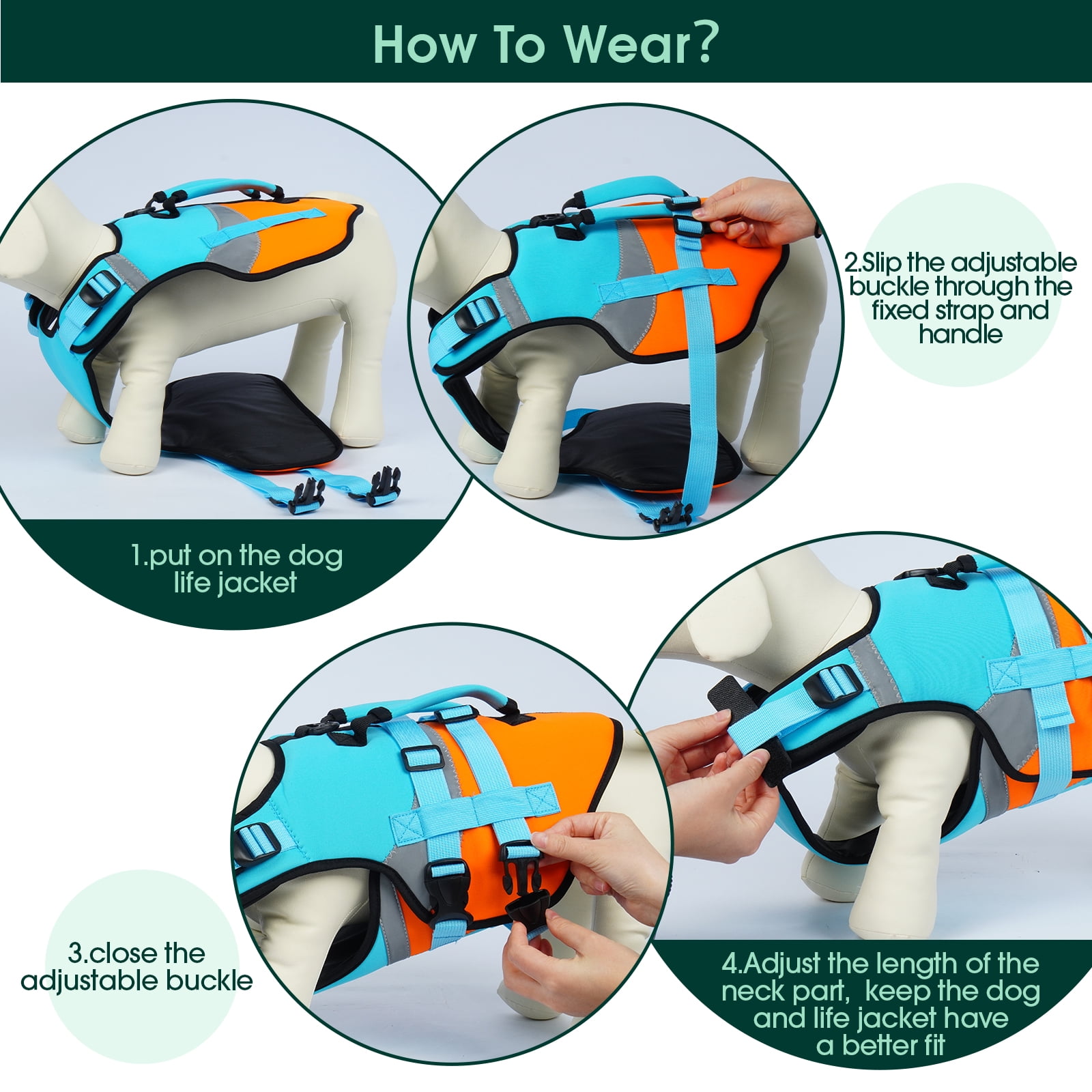 Kuoser Dog Life Jacket with Reflective Strips, Adjustable Life Vest for Small Medium Large Dogs, Blue, XL