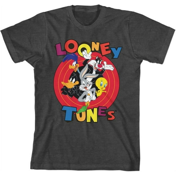 Youth Boys Looney Tunes Character Group Charcoal Heather Graphic Tee Shirt-Medium