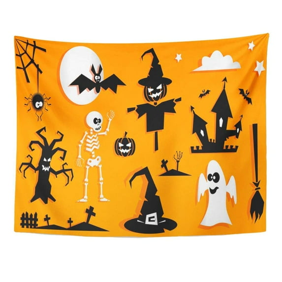 UFAEZU Funny Halloween Symbol Pumpkin Scarecrow Ghost Bat Tree Spider Crosses Witch Hat Broom Moon Wall Art Hanging Tapestry Home Decor for Living Room Bedroom Dorm 51x60 inch