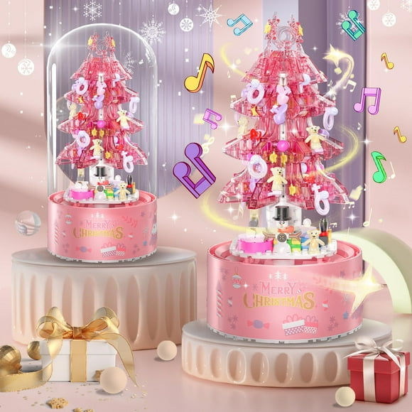 SHIBA-Christmas Tree Building Blocks Music Box Set for Kids Gifts, Pink Christmas Tree with Light and Auto Snowfall, 629PCS Christmas Bricks Kit Compatible with Lego Christmas Tree for Boys Girls and