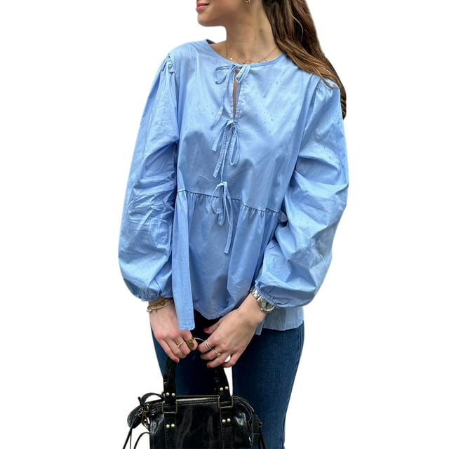 SUNSIOM Chemisiers à Nouer pour Femmes Manches Longues Col Rond Coupe Ample Babydoll Printemps Automne