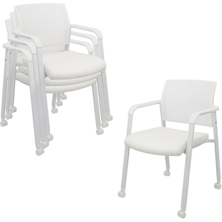 CLATINA Stacking Office Chairs with Wheels | Mesh Back, Thicken Leather Seat and Streamline Armrests, Ergonomic Lumber Support | School, Desk, Guest Reception, Waiting, Conference | Set of 4, White