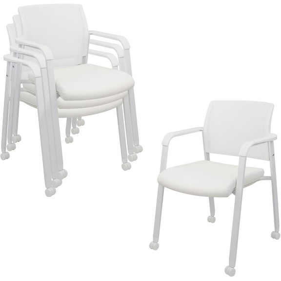 CLATINA Stacking Office Chairs with Wheels | Mesh Back, Thicken Leather Seat and Streamline Armrests, Ergonomic Lumber Support | School, Desk, Guest Reception, Waiting, Conference | Set of 4, White