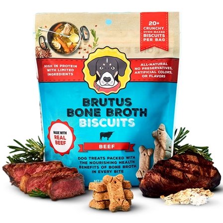 Brutus Bone Broth Biscuits (Beef) - Healthy Dog Treats - Pet Food Topper- Natural Dog Biscuits with Dog Bone Broth and Real Beef for Healthy Joints - 18 Grams of Protein - 8 OZ