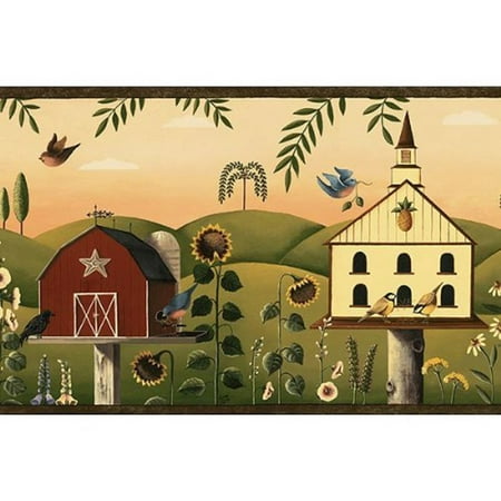 Birdhouses Wallpaper Border - Chesapeake Grace and Goodness GG54202B Country Birdhouse Wallpaper Border, Brown