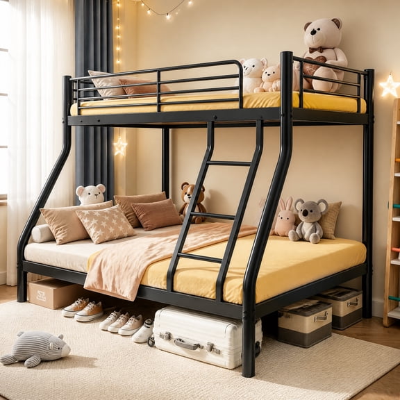 Netrum Twin over Full Bunk Bed for Teens Adults,Heavy Duty Metal Bunk Beds Frame with Ladder,Twin Full Size Bed Bunk Bed with Safe Guardrail for Small Rome,Black