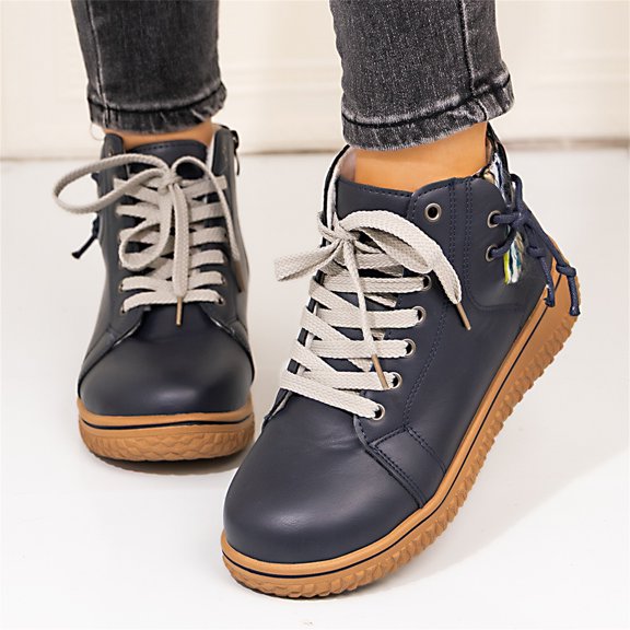 Willtoo Ankle Boots for Women 2026 Leather Lace Up Side Zipper High-Top Ankle Boots Retro Round Toe No Heel Side Zipper Short Booties Dark Blue