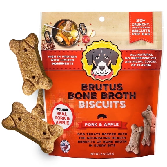 Brutus Bone Broth Biscuits for Dogs - Protein-Rich Dog Treats with Bone Broth and Real Pork & Apple - All Natural and Tasty - 8oz, Pack of 1, Pork and Apple Flavor