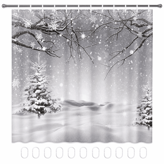 Winter Shower Curtains for Bathroom,Snowflake Pine Tree Branch Snow Scene Shower Curtain Set with 12 Hooks,72x72 inch Extra Long Polyester Fabric Waterproof