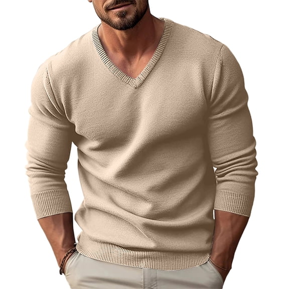 Men's V-Neck Knit Sweater Long Sleeve Solid Color Slim Fit Casual Pullover