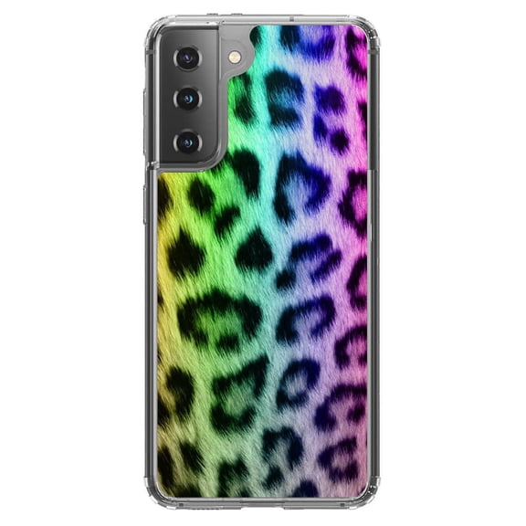 DistinctInk Clear Shockproof Hybrid Case for Galaxy S21  PLUS 5G (6.7" Screen) - TPU Bumper, Acrylic Back, Tempered Glass Screen Protector - Rainbow Leopard Cheetah Fur Print