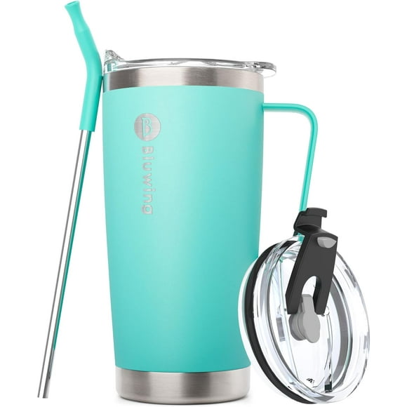 TRAHOO-20 oz Coffee Mug with Handle Stainless Steel Insulated Double Wall Tumbler with Straw and Leakproof Seal Slide Lid (Teal)